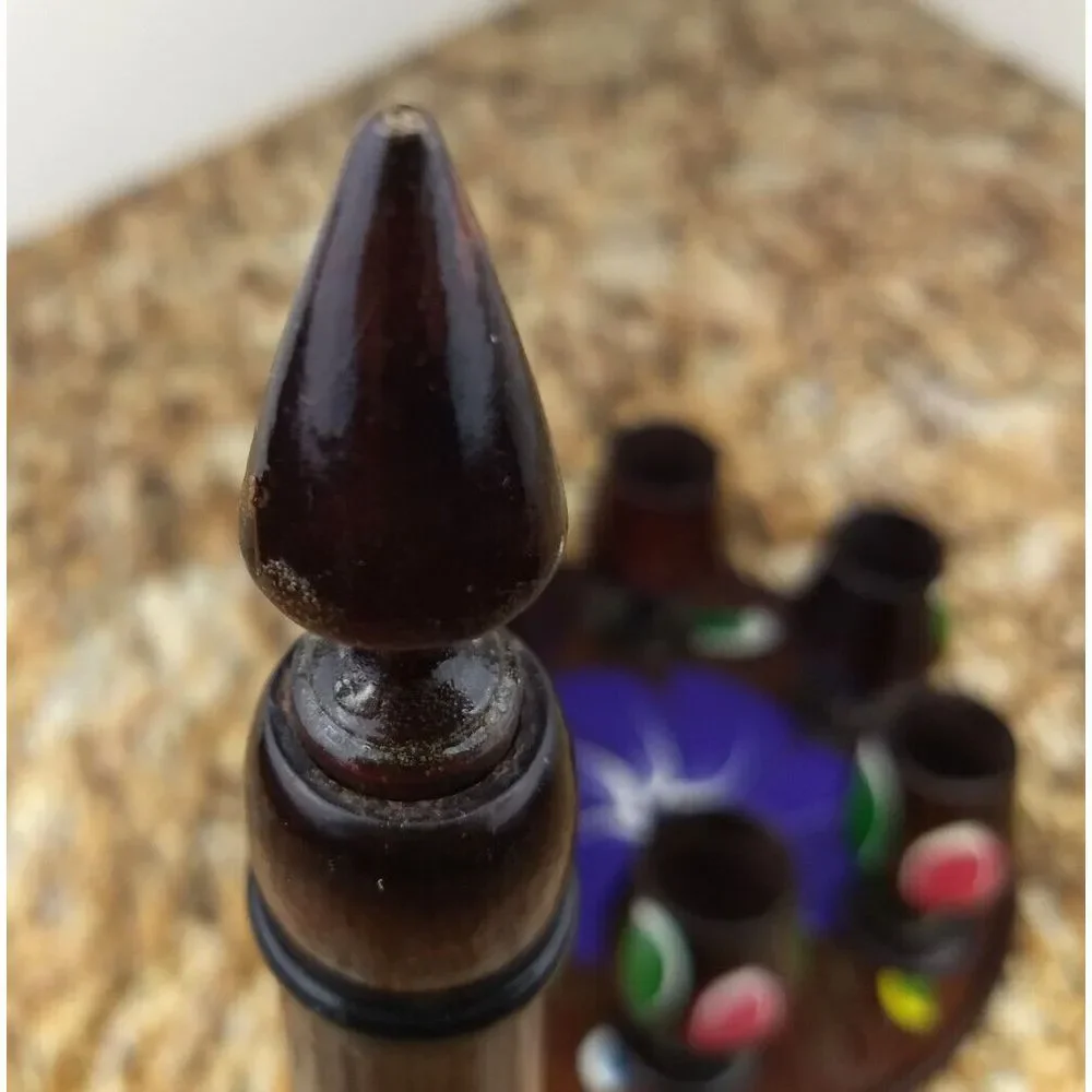 VTG Turned Wood Decanter Set w/ 6 Goblet Shot Glasses & Tray Hand Painted Floral